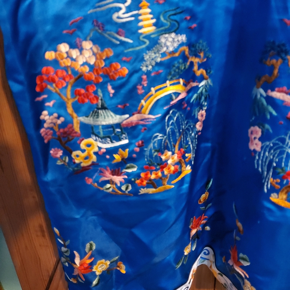 Blue Embroidered Satin Top with Floral Motif - Picture 7 of 16